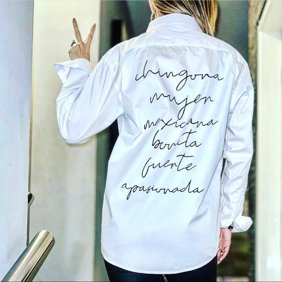 Button Down Shirt White Long Sleeve Chingona Mujer Mexicana Hand Painted Small - Picture 12 of 13